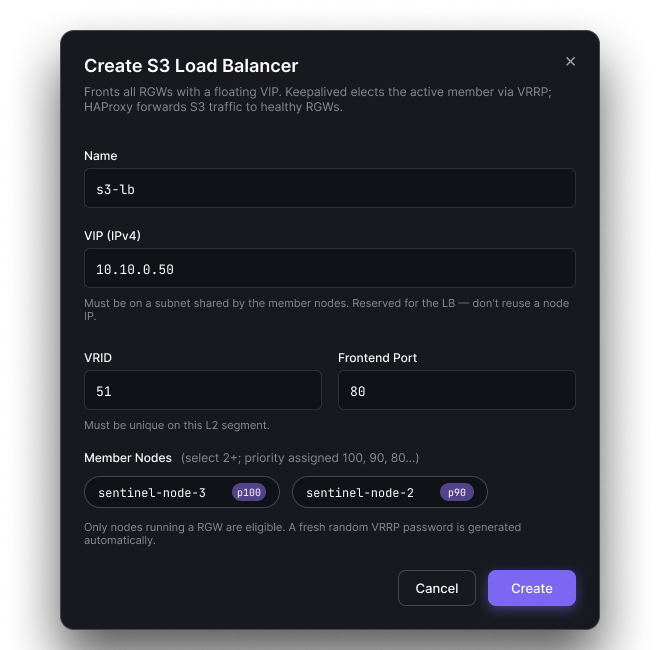 Create S3 Load Balancer modal with fields for name (s3-lb), VIP (10.10.0.50), VRID (51), frontend port (80), and member nodes showing sentinel-node-3 p100 and sentinel-node-2 p90 pre-selected