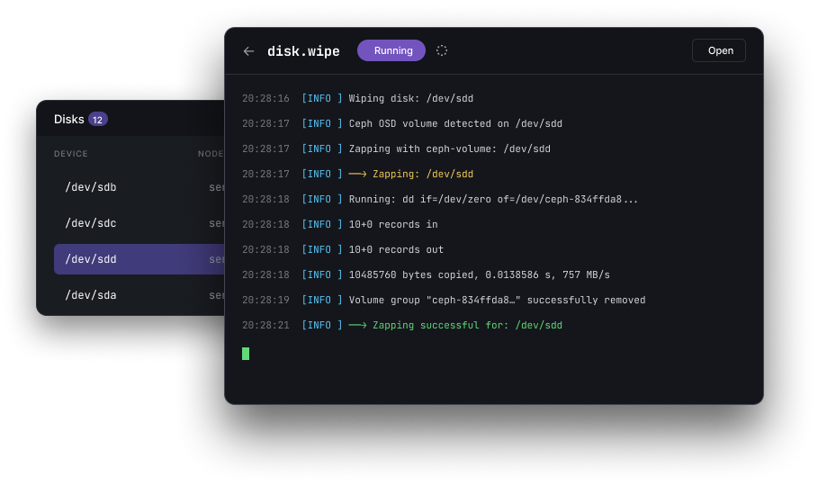 Task detail view titled disk.wipe with a Running badge and live streamed ceph-volume log output including dd progress