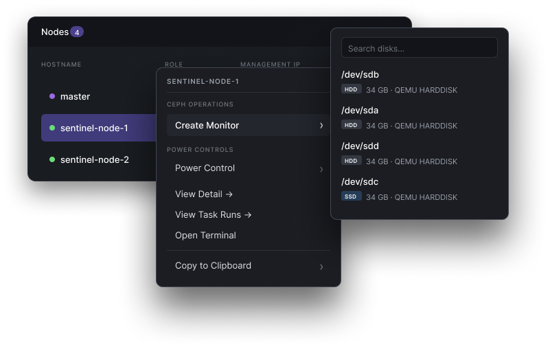 Right-click menu on a node row showing "Create Monitor" under Ceph Operations, alongside the disks pane